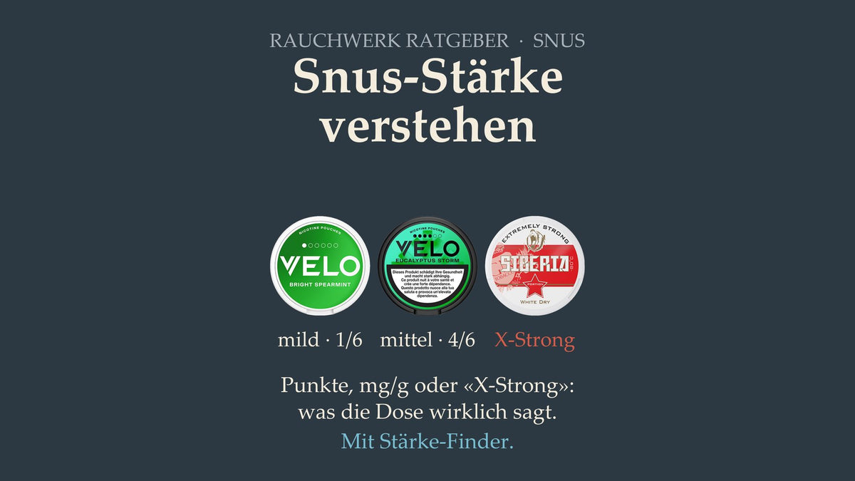 Snus-Stärke verstehen: VELO 1/6 und 4/6 neben Siberia Rot X-Strong – Rauchwerk Ratgeber