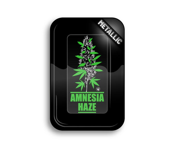 FireFlow Rolling Tray Amnesia Haze in Schwarz mit grünem Hanfpflanzen-Motiv von oben