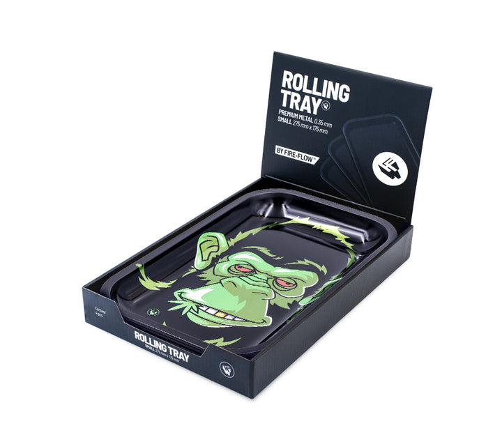 FireFlow Rolling Tray mit Affen-Motiv in schwarzer Display-Verpackung