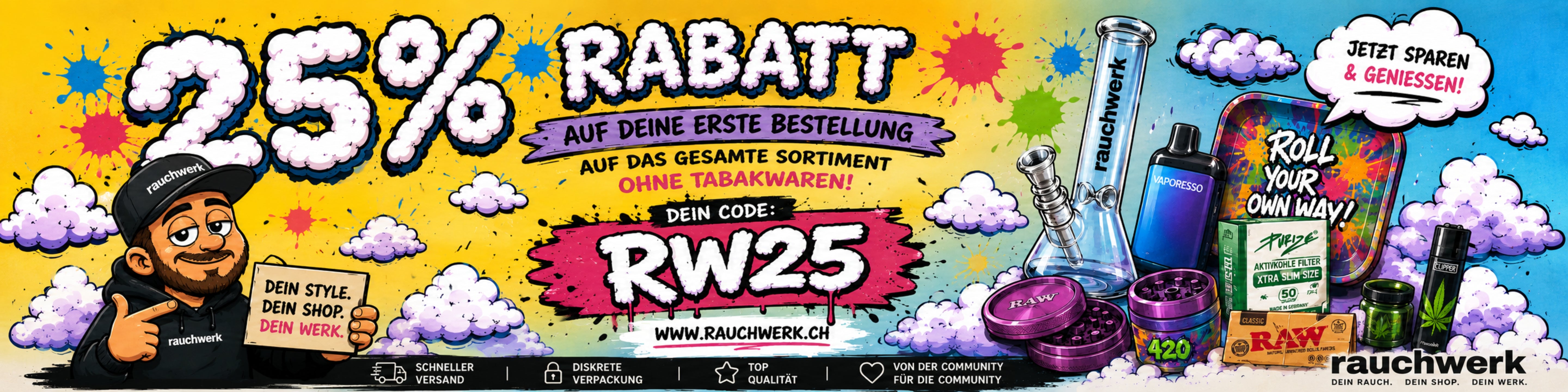 Headshop Sortiment bei Rauchwerk.ch – Bongs, Papers, Filter & mehr