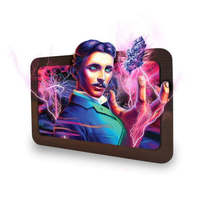 V Syndicate 3D Holz Rolling Tray High Voltage mit Nikola Tesla Portrait und Blitzen