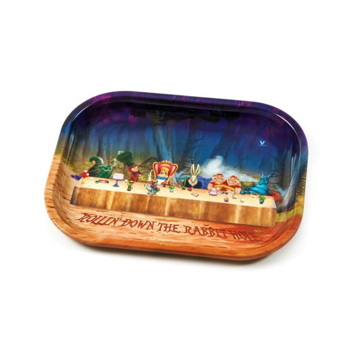 V Syndicate Rolling Tray mit Alice Teeparty Szene und Rabbit Hole Schriftzug