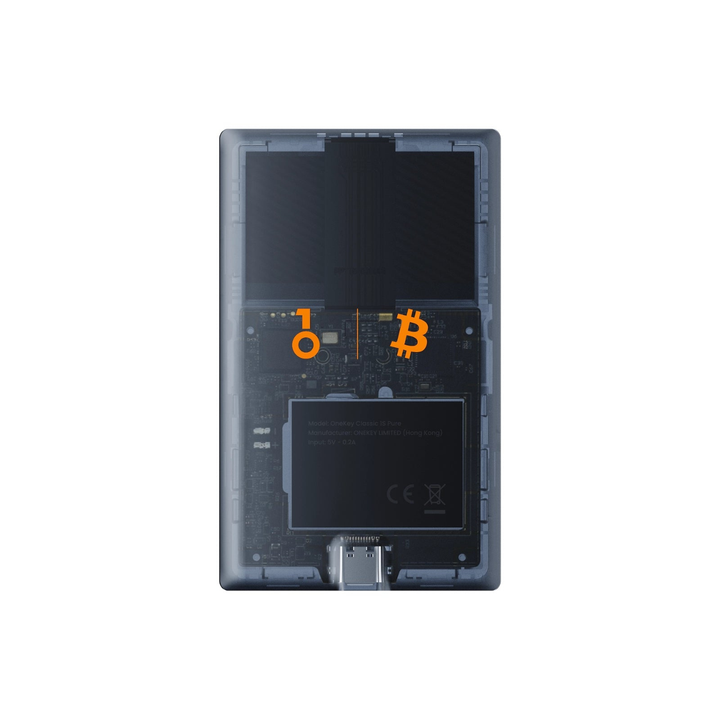 OneKey BTC-ONLY Hardware Wallet Rückseite mit Bitcoin Logo, transparentes Gehäuse