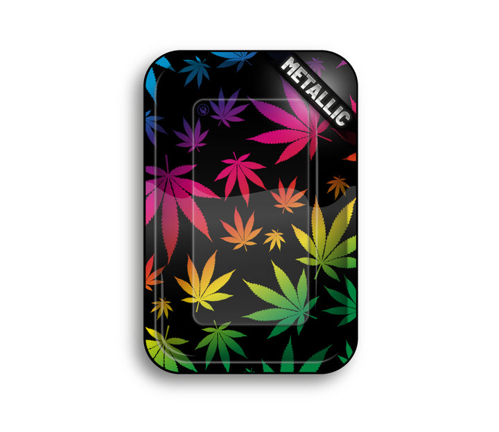 FireFlow Rolling Tray mit regenbogenfarbenen Hanfblättern auf Schwarz, Draufsicht