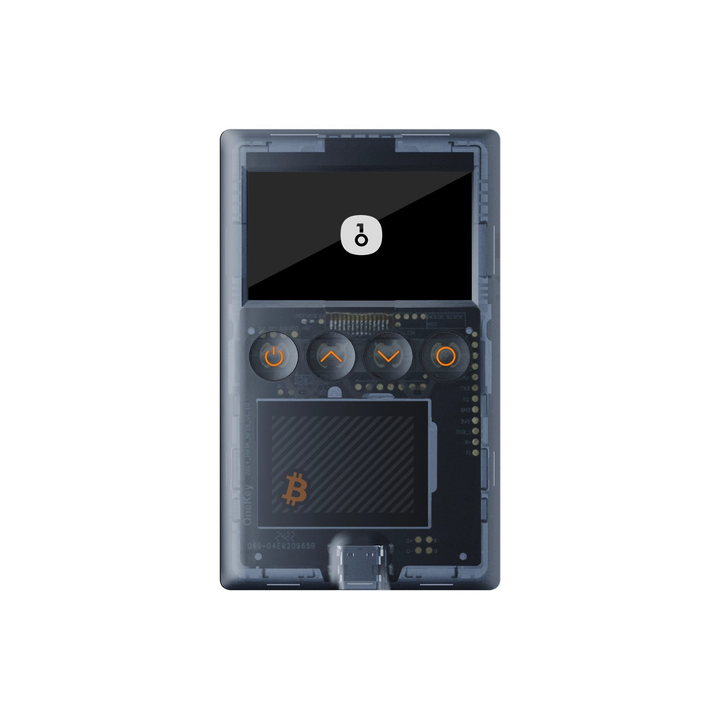 OneKey BTC-ONLY Wallet Vorderseite mit Display und vier orangen Tasten