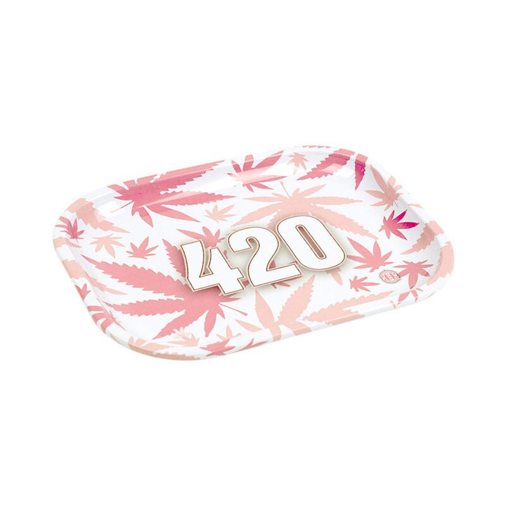 V Syndicate Rolling Tray in Weiss mit pinken Hanfblättern und 420 Schriftzug