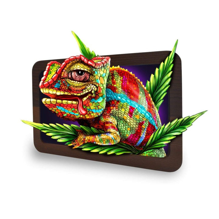 V Syndicate 3D Wood Rolling Tray mit buntem Chamäleon und grünen Blättern in Holzoptik