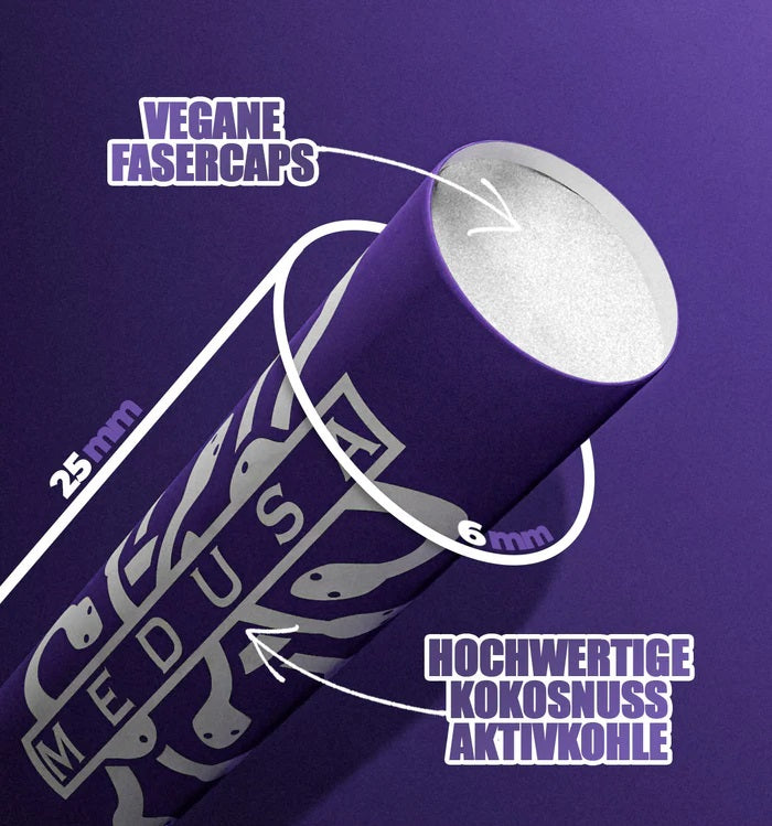 MedusaFilters Aktivkohlefilter Detailansicht mit veganen Fasercaps und Kokosnuss-Aktivkohle