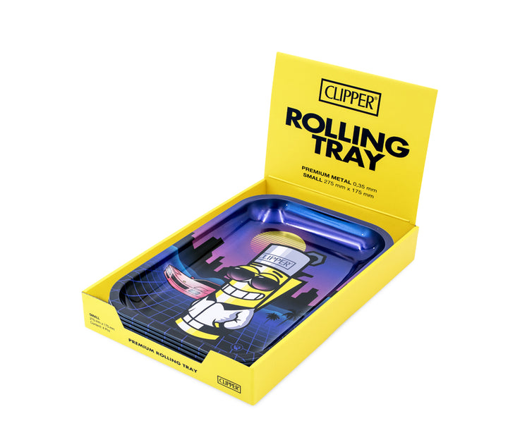Gelbes Clipper Display geöffnet mit 4 Rolling Trays Clipperman Retrowave
