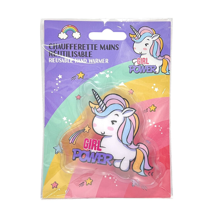 Einhorn-Handwärmer einzeln verpackt auf Karte mit Regenbogen-Design