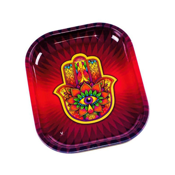 V Syndicate Rolling Tray Hand mit farbenfroher Hamsa Hand und Auge auf rotem Grund