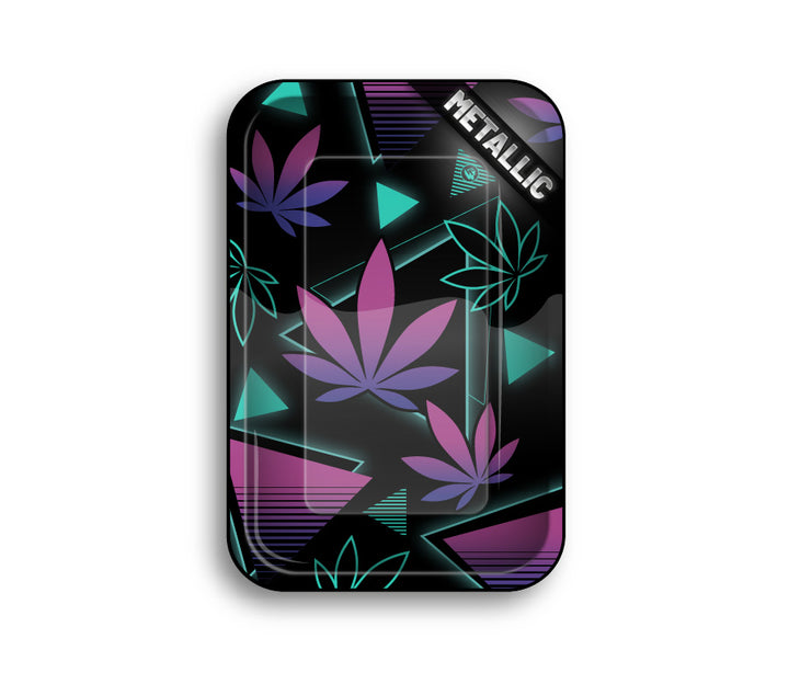 FireFlow Rolling Tray Leaves 37 schwarz mit türkis-violetten Hanfblättern und Dreiecken