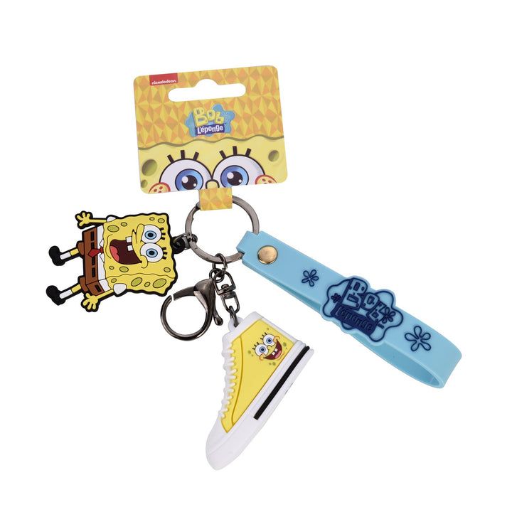 Sponge Bob Schlüsselanhänger an gelber Karte mit Figur, Sneaker und blauem Band