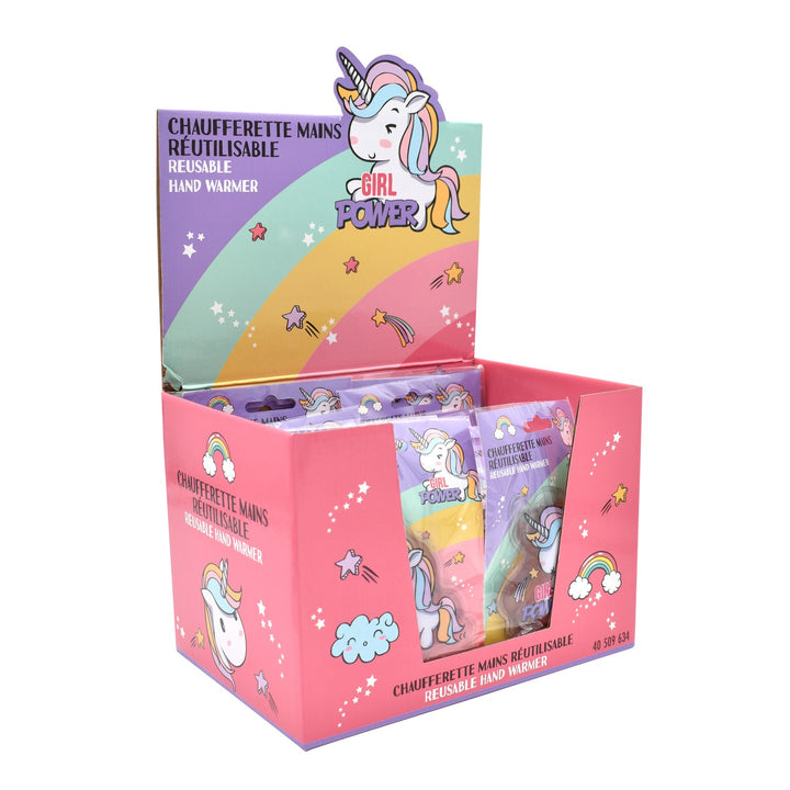Display mit 24 wiederverwendbaren Einhorn-Handwärmern in rosa Verkaufsbox