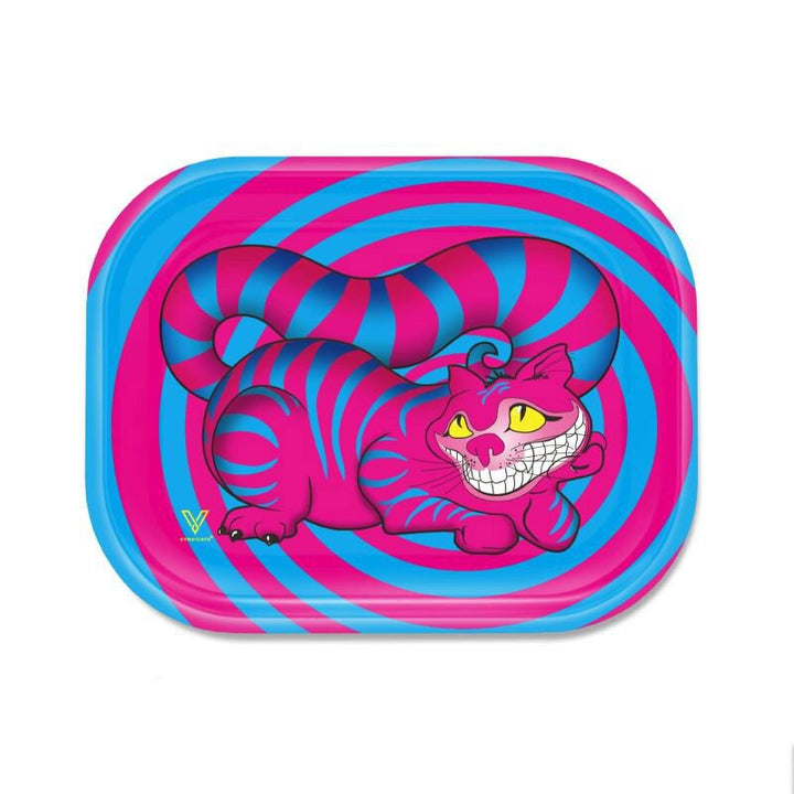 V Syndicate Rolling Tray Seshigher Cat mit grinsender Katze auf pink-blauem Spiralmuster