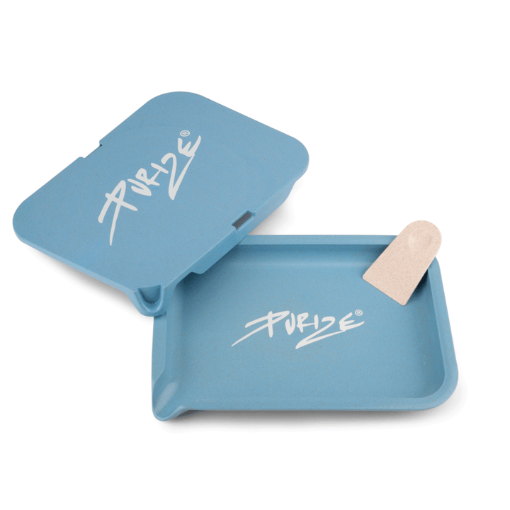 Purize Plant Fiber Rolling Tray Kit blau mit abnehmbarem Deckel und beigem Schaber