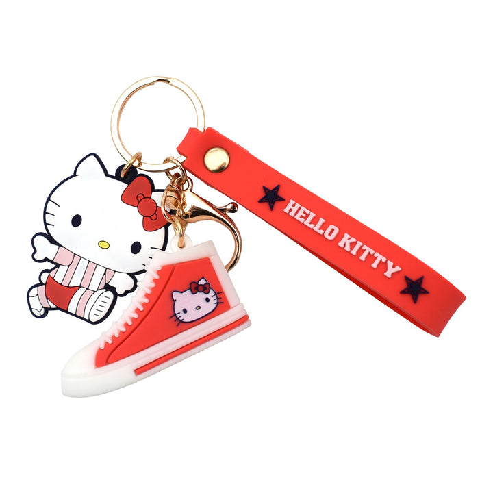 Hello Kitty Schlüsselanhänger rot mit Kitty-Figur, Turnschuh-Anhänger und Schriftzug-Band