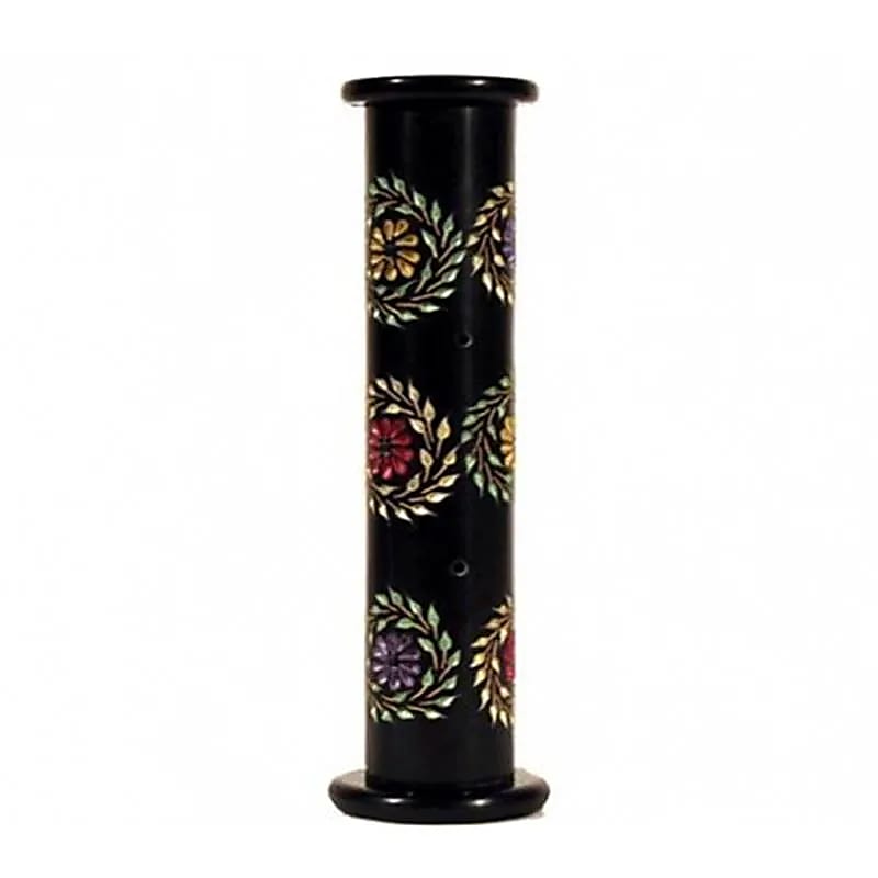 Speckstein Räucherstäbchenhalter Säule schwarz mit buntem Blumenmuster