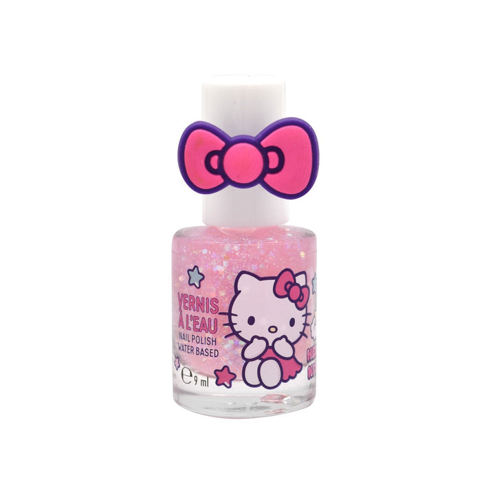 Flasche Hello Kitty Nagellack mit rosa Glitzer und Schleifen-Ring am Deckel