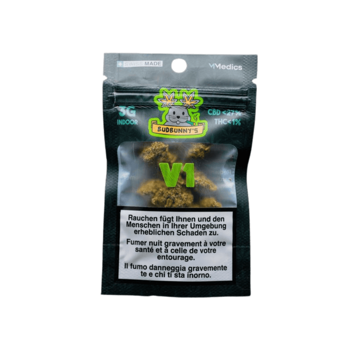 BudBunny V1 Indoor CBD Blüten 3g Packung Vorderseite