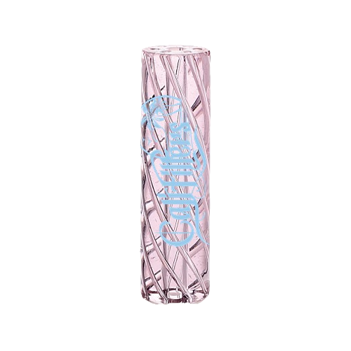 Cali Filters Spiral Glass Tip in Rosa mit blauem Schriftzug und Spiralstruktur