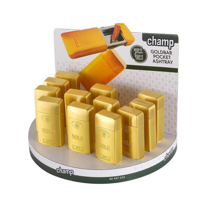Display mit Goldbar Taschenaschenbechern, 12 Stück