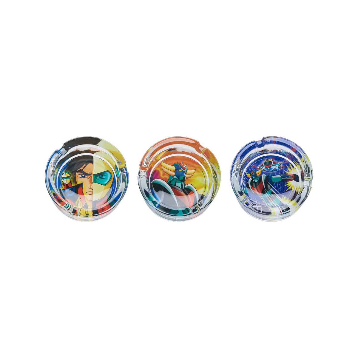 Runder Goldorak Glas-Aschenbecher mit Motiv, transparent