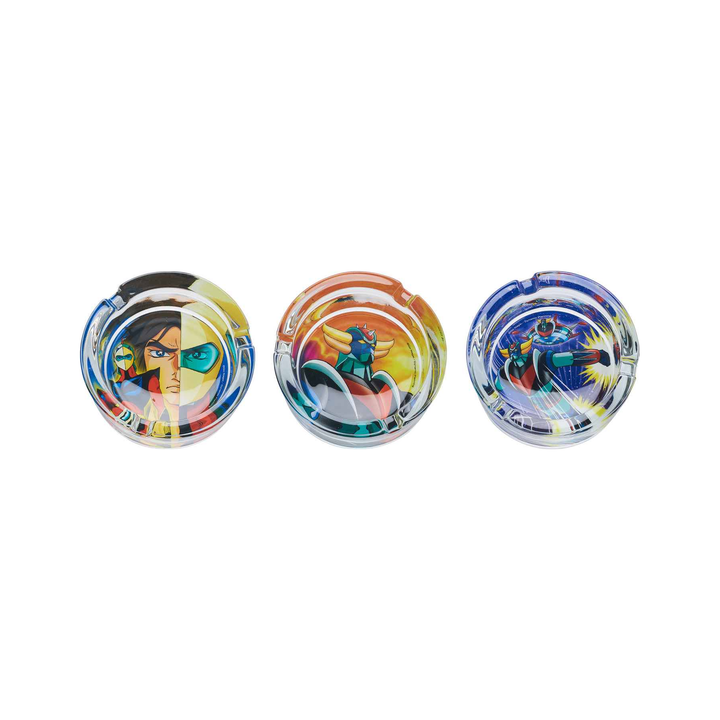 Runder Goldorak Glas-Aschenbecher mit Motiv, transparent