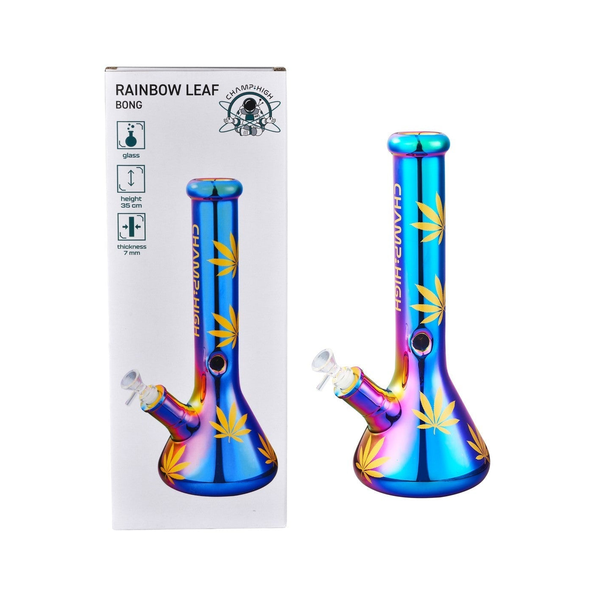 Detailansicht der Champ High Glas Bong mit Hanfblatt-Design