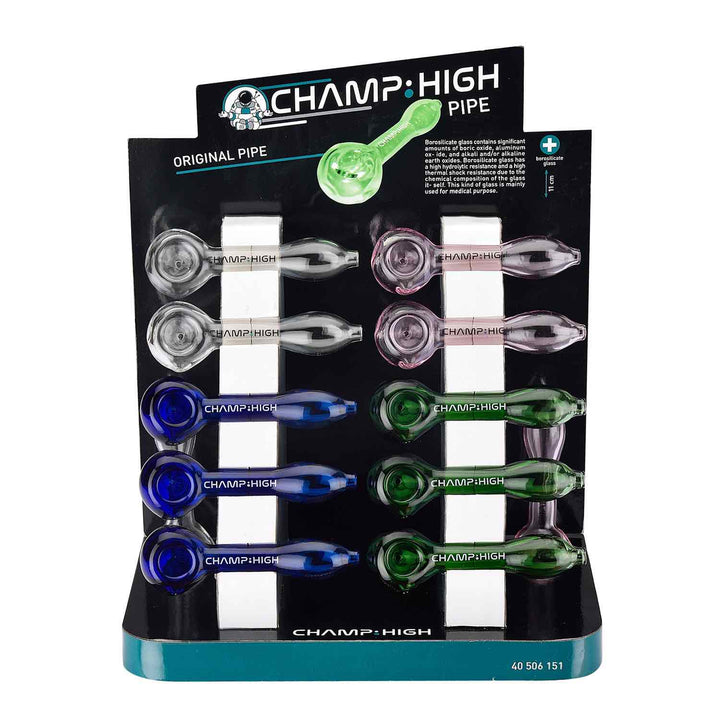 Display mit 12 Champ High Original Glaspfeifen 110 mm
