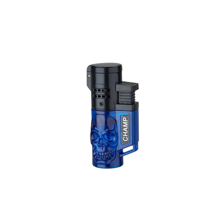 Blaues Champ Skull Feuerzeug mit 2 blauen Flammen