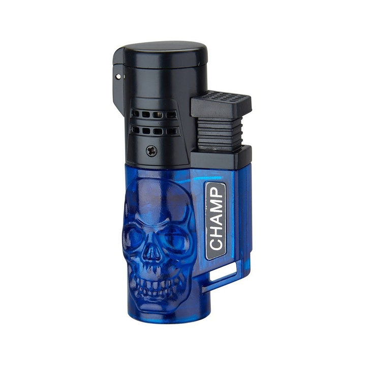 Blaues Champ Skull Feuerzeug mit 2 blauen Flammen