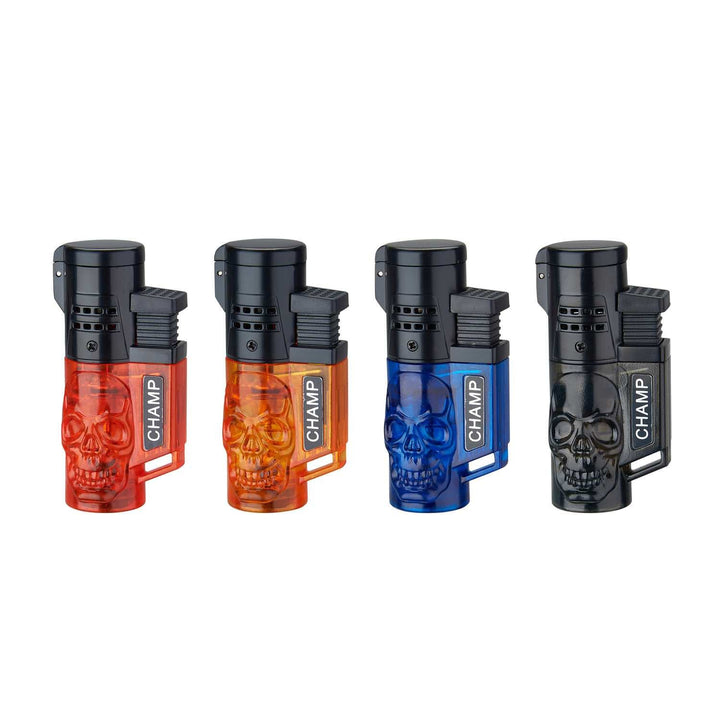 Champ Skull Feuerzeug mit 2 blauen Flammen in Rot, Orange, Schwarz und Blau