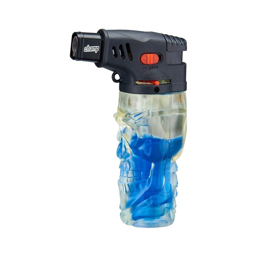 Blaues Champ Skull Feuerzeug mit farbigem Gas