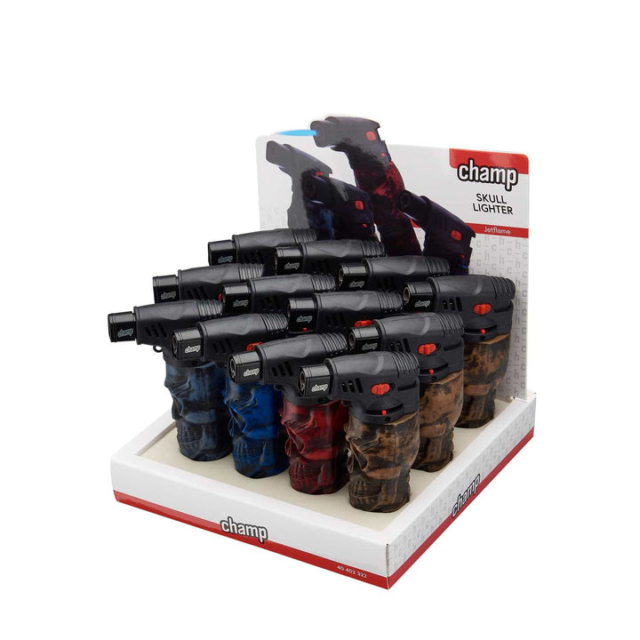 Display mit 12 Champ Skull Feuerzeugen Jetflame Blue
