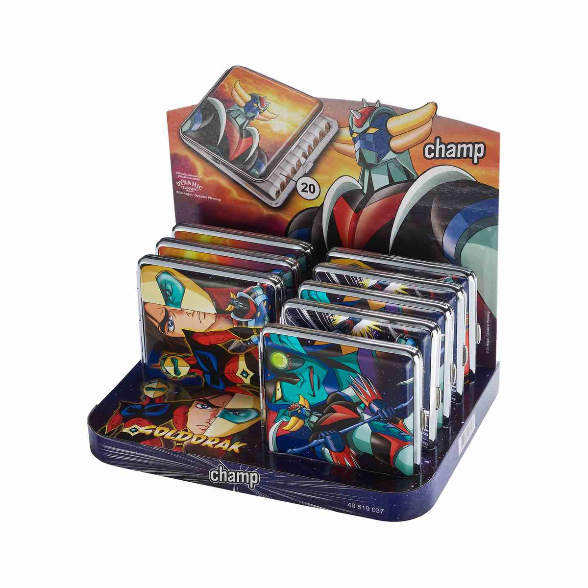 Display mit 8 Goldorak Zigarettenetuis aus Metall