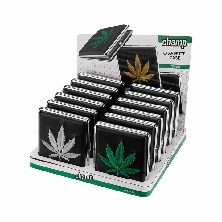 Display mit 12 Hemp Leaf Zigarettenetuis, 20er Metall