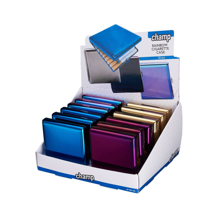 Display mit 12 Rainbow Zigarettenetuis aus Metall