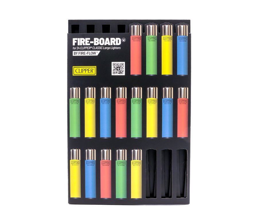 FIRE-BOARD mit 24 Clipper Feuerzeugen bestückt, Übersicht