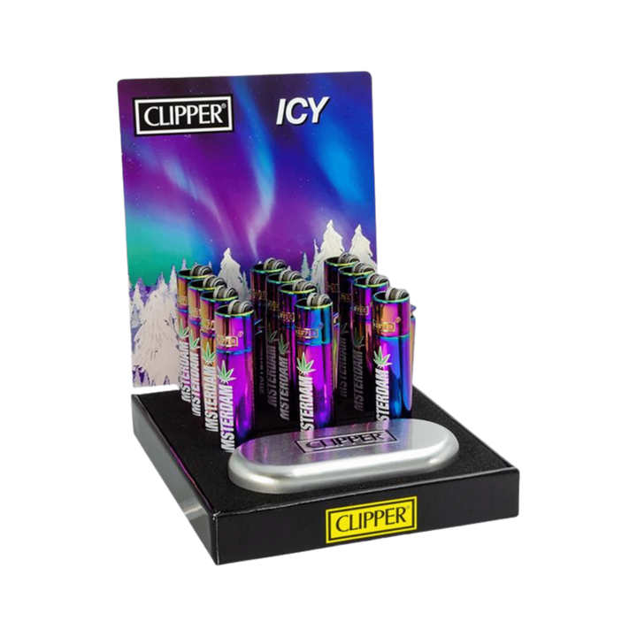 Clipper Metal Icy Amsterdam Leaf Display mit 12 Feuerzeugen