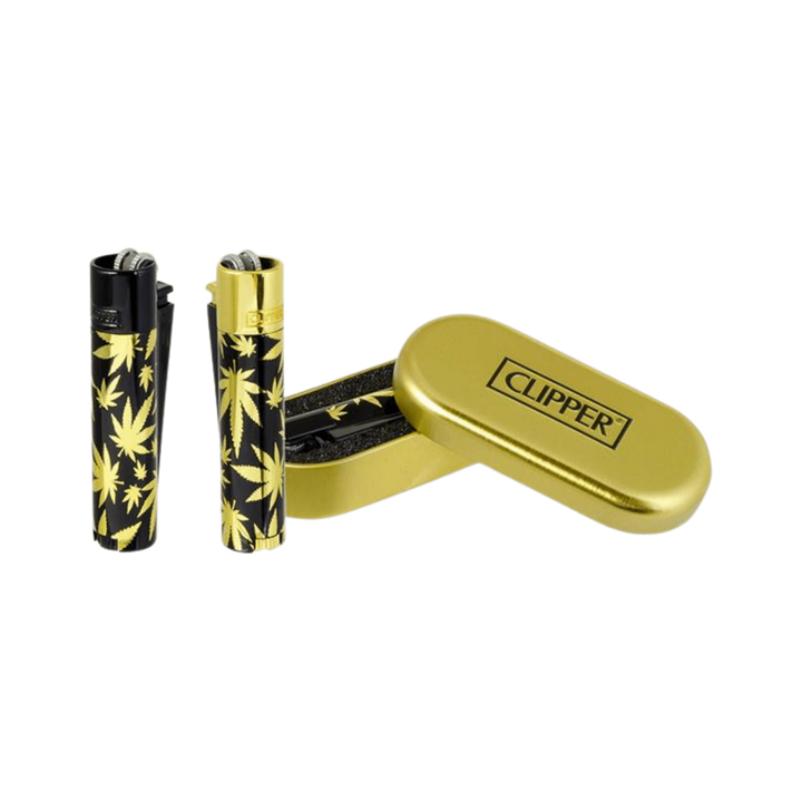 Clipper Metal Leaves Gold Metall Feuerzeug mit Hanfblatt-Motiv