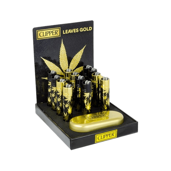 Clipper Metal Leaves Gold Display mit 12 Feuerzeugen