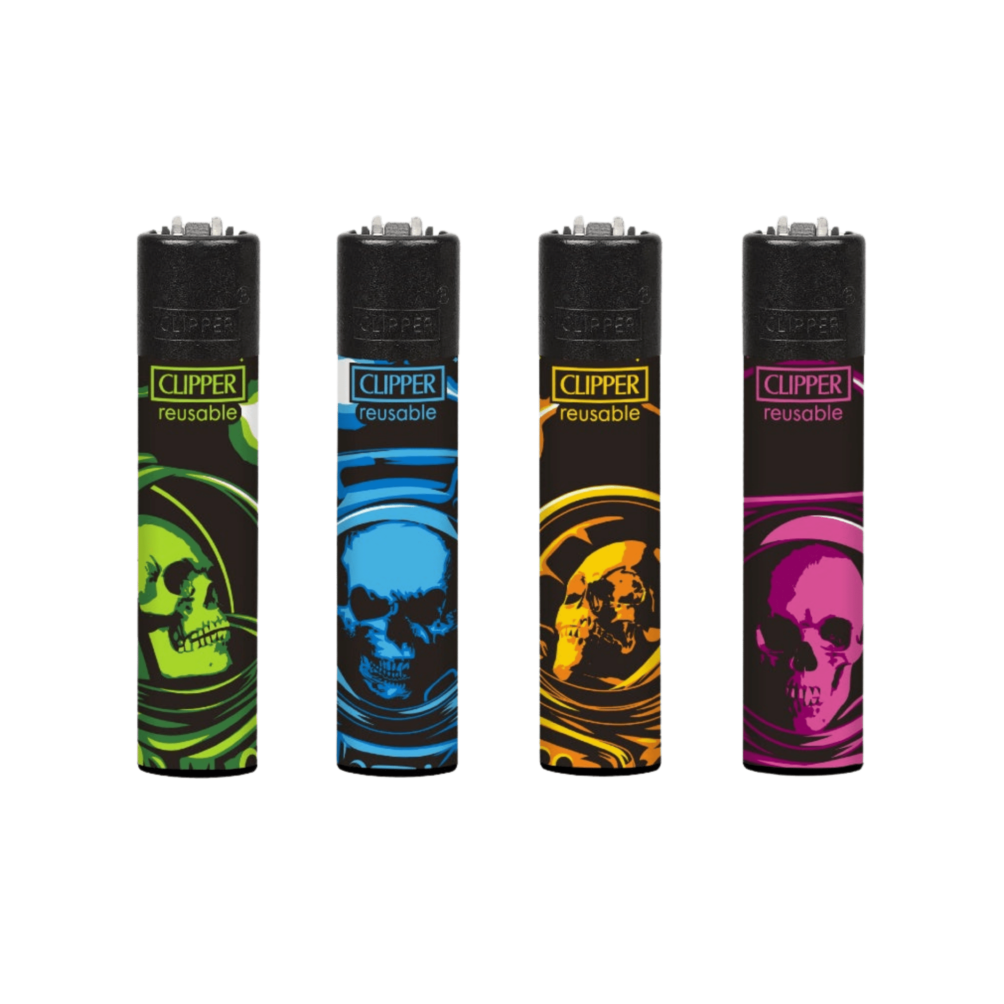 Clipper Space Trip Feuerzeuge im 4er-Set mit Skull-Motiven