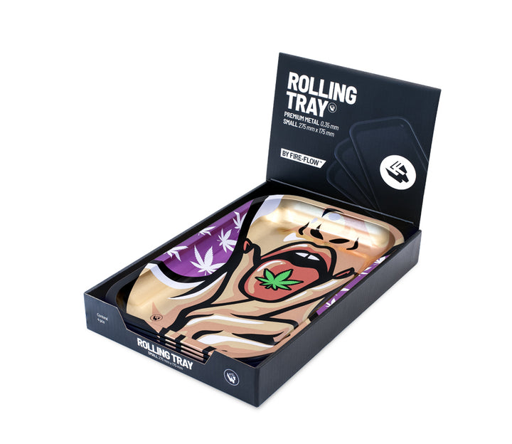 FireFlow Rolling Tray 420 Girl in schwarzer Display-Verpackung, Ansicht offen