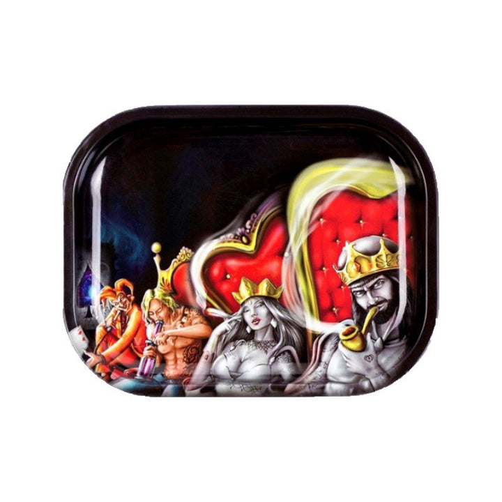 V Syndicate Rolling Tray mit König, Königin und Joker vor rotem Herzthron