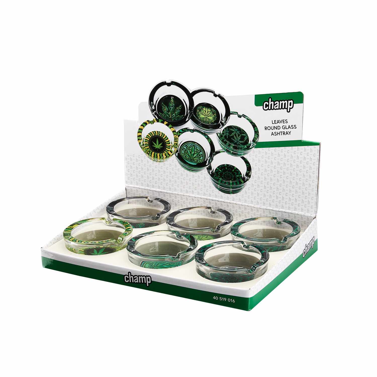 Display mit 6 Hemp Leaves Glas Aschenbechern rund