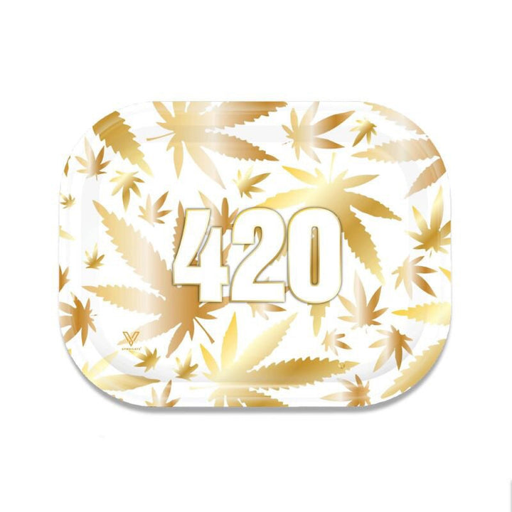 V Syndicate Rolling Tray 420 in Gold-Weiss mit Hanfblatt-Muster, Draufsicht