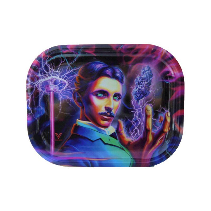 V Syndicate Rolling Tray High Voltage mit Nikola Tesla Motiv und violetten Blitzen