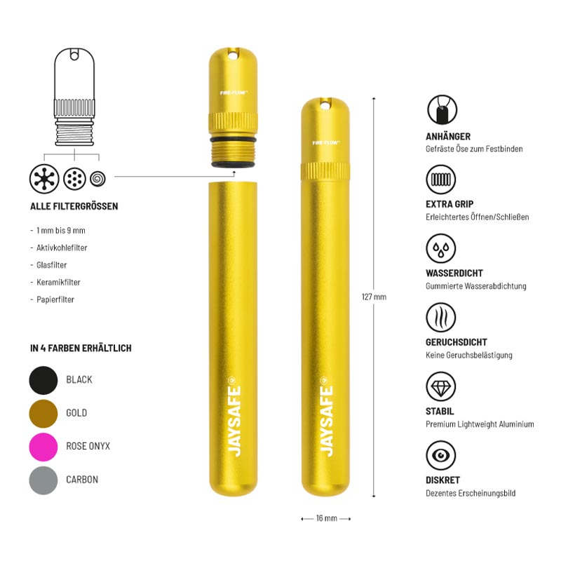 JAYSAFE Joint Tube Gold Seitenansicht mit Öse am Deckel