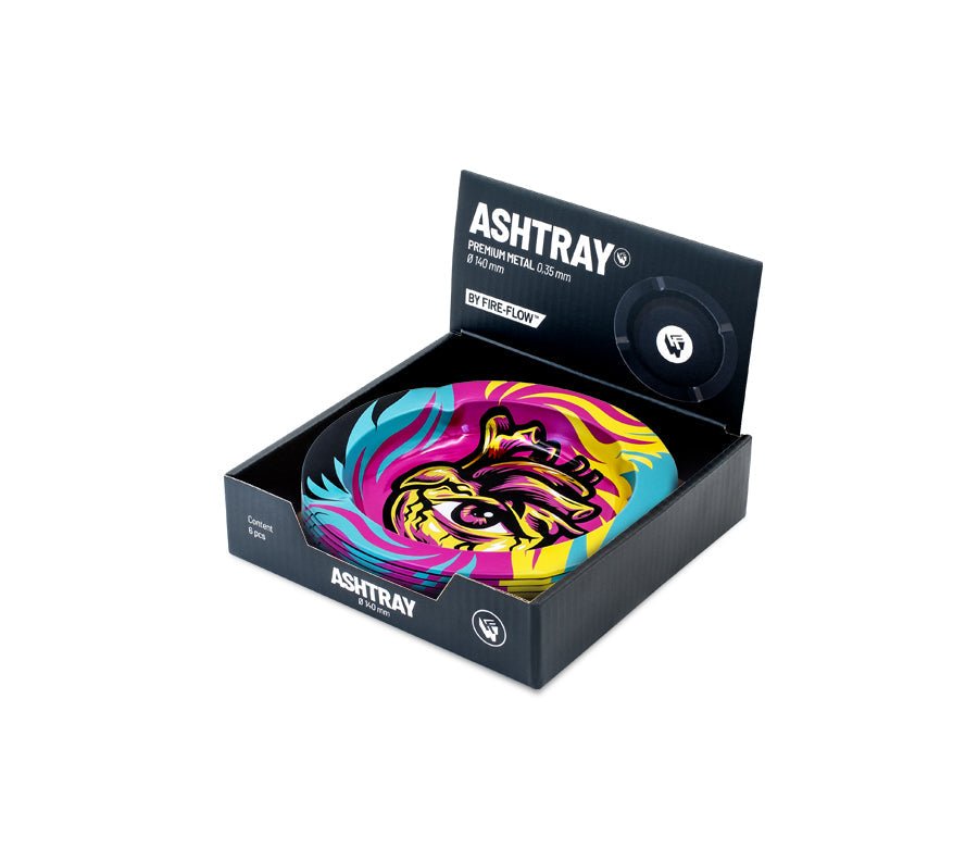 Display mit 6 FIRE-FLOW Metall-Aschenbechern Ø 135 mm